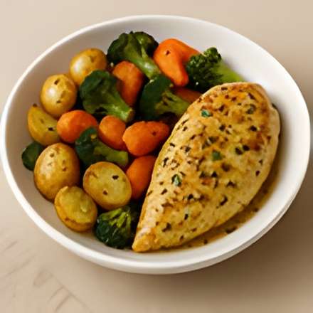 One-pan garlic herb chicken with baby potatoes and broccoli on a sheet pan